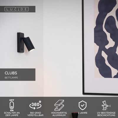 Lucide CLUBS - Bettlampe / Wandleuchte - 1xGU10 - Schwarz